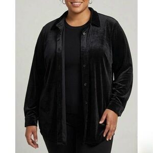 Woman Within Black Velvet Velour Button Up Shirt Blouse Top Shacket 2X 26/28